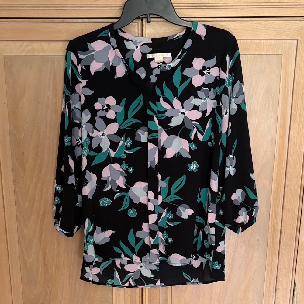 C&C California Black Top with Pink and Green Floral Pattern